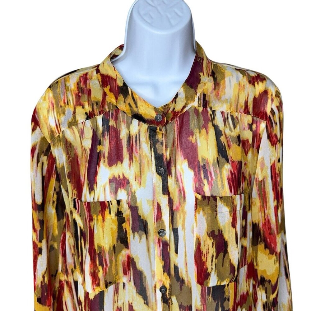 Blouse Top Two by Vince Camuto Brown Amber Burgundy Sheer Button Front LS Sz L